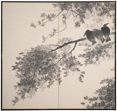 Pair of Japanese Two Panel Screens Murder of Crows