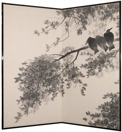 Pair of Japanese Two Panel Screens Murder of Crows