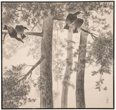 Pair of Japanese Two Panel Screens Murder of Crows