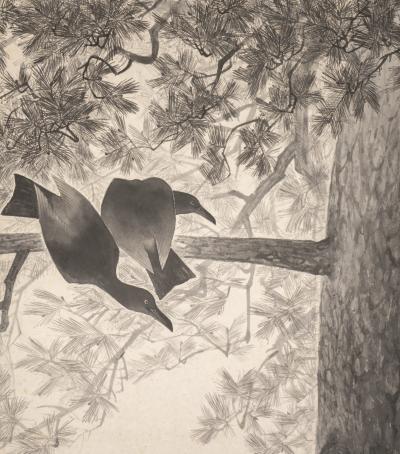 Pair of Japanese Two Panel Screens Murder of Crows