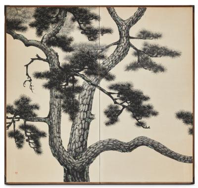 Pair of Japanese Two Panel Screens Pine Forest