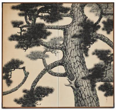 Pair of Japanese Two Panel Screens Pine Forest