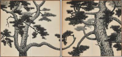 Pair of Japanese Two Panel Screens Pine Forest