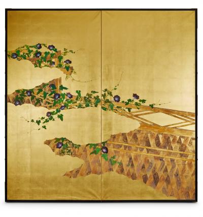 Pair of Japanese Two Panel Screens Private Garden