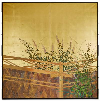 Pair of Japanese Two Panel Screens Private Garden