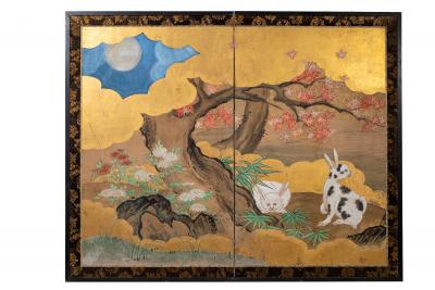 Pair of Japanese Two Panel Screens Rabbits and Geese in Autumn