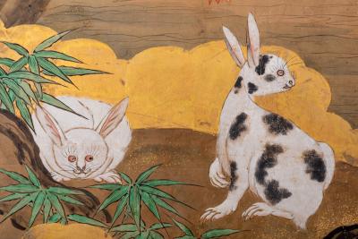 Pair of Japanese Two Panel Screens Rabbits and Geese in Autumn