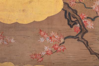 Pair of Japanese Two Panel Screens Rabbits and Geese in Autumn