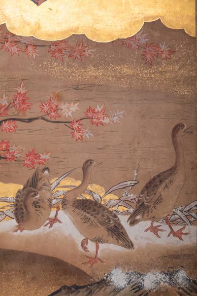 Pair of Japanese Two Panel Screens Rabbits and Geese in Autumn