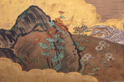 Pair of Japanese Two Panel Screens Rabbits and Geese in Autumn