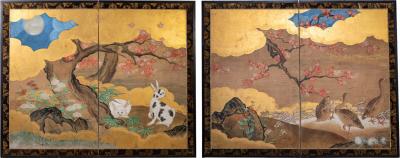 Pair of Japanese Two Panel Screens Rabbits and Geese in Autumn