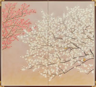 Pair of Japanese Two Panel Screens Red and White Flowering Trees