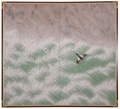 Pair of Japanese Two Panel Screens Rocky Coast