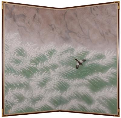 Pair of Japanese Two Panel Screens Rocky Coast