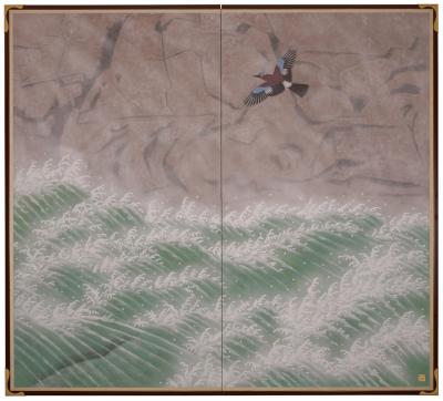 Pair of Japanese Two Panel Screens Rocky Coast