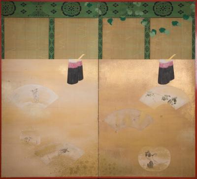 Pair of Japanese Two Panel Screens Sudari and Fans