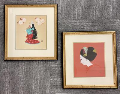 Pair of Japanese Woodblocks Custom Frames Signed