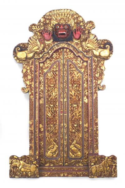 Pair of Javanese Red and Giltwood Temple Doors