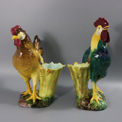 Pair of Jerome Massier Hen Rooster Vases