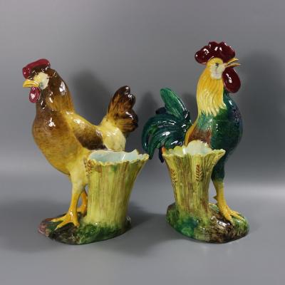 Pair of Jerome Massier Hen Rooster Vases