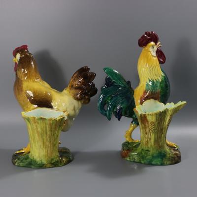 Pair of Jerome Massier Hen Rooster Vases