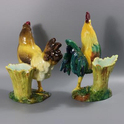 Pair of Jerome Massier Hen Rooster Vases