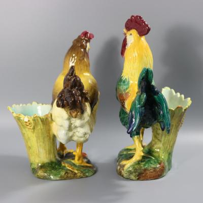 Pair of Jerome Massier Hen Rooster Vases