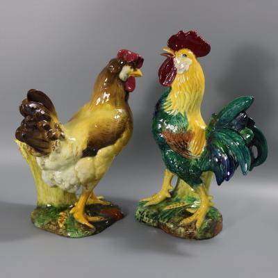 Pair of Jerome Massier Hen Rooster Vases