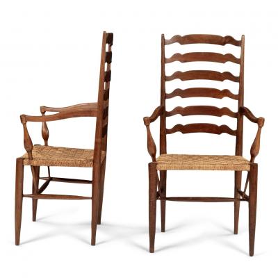 Pair of Ladder Back Braid Rush Seat Armchairs Attributed to Paolo Buffa