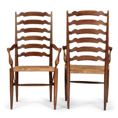 Pair of Ladder Back Braid Rush Seat Armchairs Attributed to Paolo Buffa