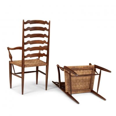 Pair of Ladder Back Braid Rush Seat Armchairs Attributed to Paolo Buffa