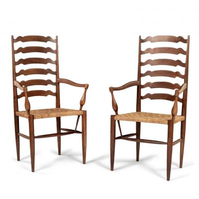 Pair of Ladder Back Braid Rush Seat Armchairs Attributed to Paolo Buffa