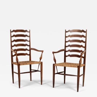 Pair of Ladder Back Braid Rush Seat Armchairs Attributed to Paolo Buffa