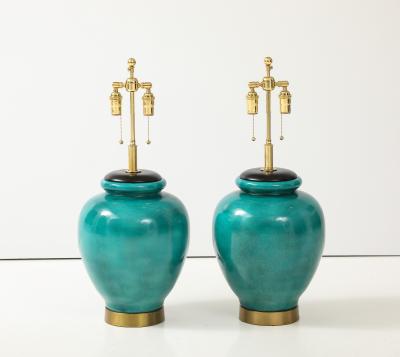 Pair of Large 1950s Ceramic Lamps with a Beautiful Green Crackle Glaze