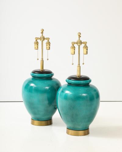 Pair of Large 1950s Ceramic Lamps with a Beautiful Green Crackle Glaze
