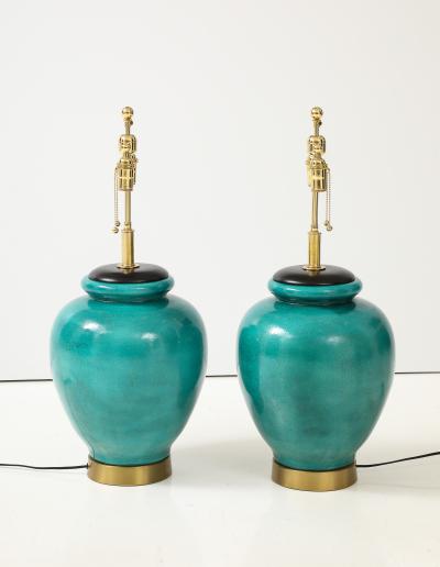 Pair of Large 1950s Ceramic Lamps with a Beautiful Green Crackle Glaze