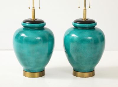 Pair of Large 1950s Ceramic Lamps with a Beautiful Green Crackle Glaze