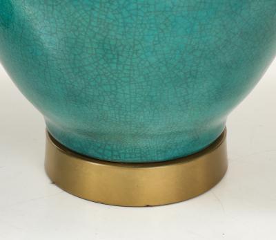 Pair of Large 1950s Ceramic Lamps with a Beautiful Green Crackle Glaze