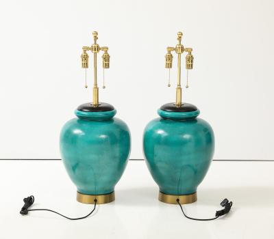 Pair of Large 1950s Ceramic Lamps with a Beautiful Green Crackle Glaze