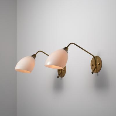Pair of Large 1950s Italian Brass and Opaline Glass Wall Sconces