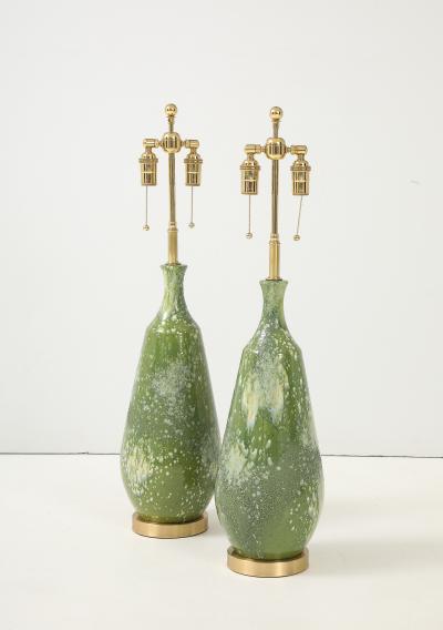 Pair of Large 1960s Ceramic Lamps with a Textured Avocado Green Glaze Finish 