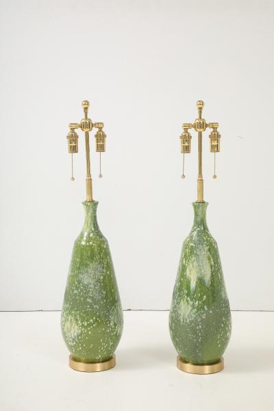 Pair of Large 1960s Ceramic Lamps with a Textured Avocado Green Glaze Finish 