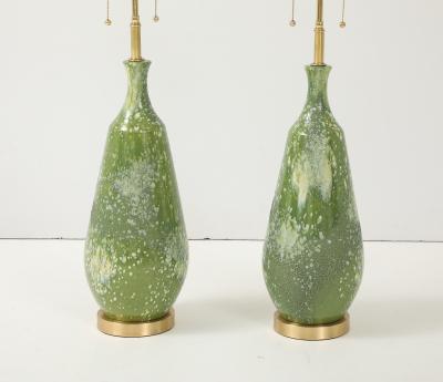 Pair of Large 1960s Ceramic Lamps with a Textured Avocado Green Glaze Finish 