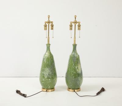 Pair of Large 1960s Ceramic Lamps with a Textured Avocado Green Glaze Finish 