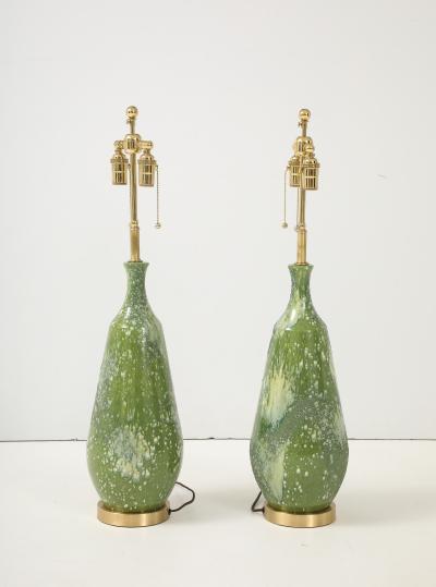 Pair of Large 1960s Ceramic Lamps with a Textured Avocado Green Glaze Finish 