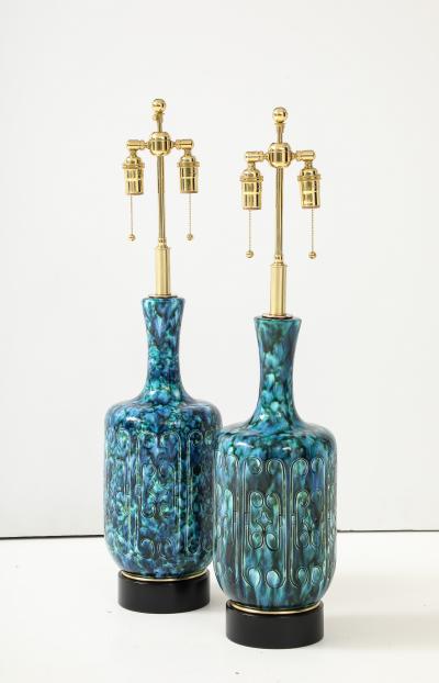 Pair of Large 1970s Italian Ceramic Lamps with an Incised Deign Pattern 