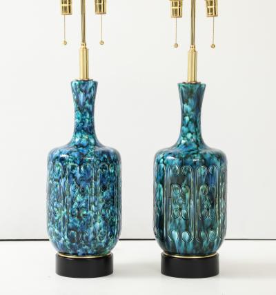 Pair of Large 1970s Italian Ceramic Lamps with an Incised Deign Pattern 