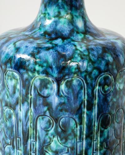 Pair of Large 1970s Italian Ceramic Lamps with an Incised Deign Pattern 