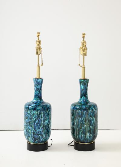 Pair of Large 1970s Italian Ceramic Lamps with an Incised Deign Pattern 
