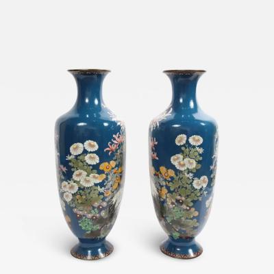 Pair of Large 19th Century Meiji Japanese Cloisonne Blue Ground Enamel Vases